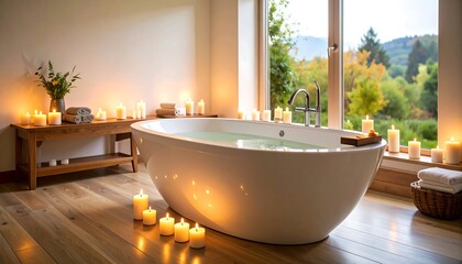 Luxurious spa-like bathtub with candles