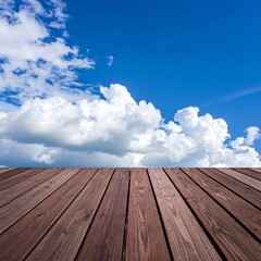 Wooden deck under a partly cloudy sky