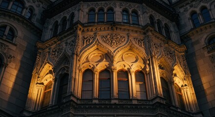 Fototapeta premium Ornate building facade illuminated by golden light