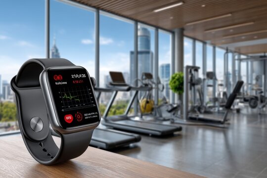 Close-up of a smartwatch displaying health data in a modern gym with treadmills and cityscape views, showcasing fitness tracking and urban wellness environment.