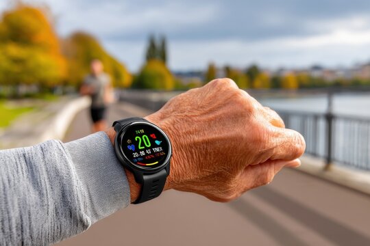 Close-up of senior man checking fitness tracker while another man is running outdoor, showcasing modern wellness technology in everyday life, healthy lifestyle concept