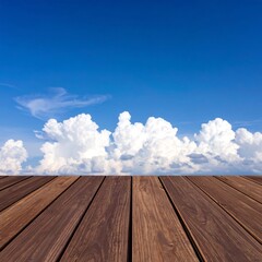 Wooden deck under a vast blue sky