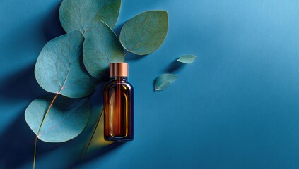 Amber glass bottle of essential oil, copper lid, rests on a vibrant blue background adorned with eucalyptus leaves, casting a subtle shadow