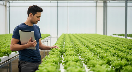 A dedicated male farmer inspects vibrant lettuce plants within a modern hydroponic greenhouse, utilizing a tablet for efficient, sustainable agriculture.