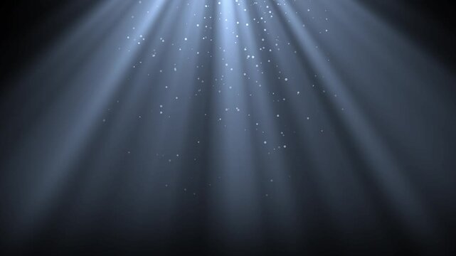light ray loop animation and floating glitter particles in air mist or steam on black background. sun rays or God bless rays' effect. 