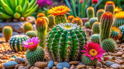 Obraz premium A succulent cactus plant with vibrant green leaves and vibrant flowers growing in a lush garden surrounded by rocks and soil, desert plant, botanical