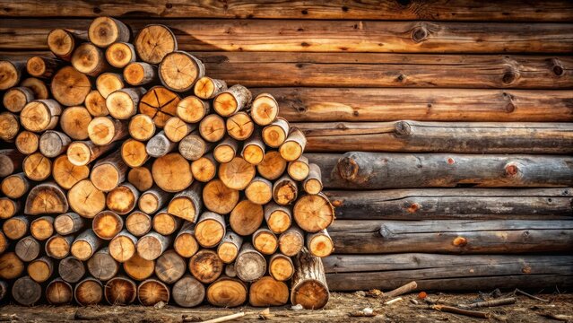 Wood logs stacked against a wooden wall with rustic texture and natural colors, rustic decor
