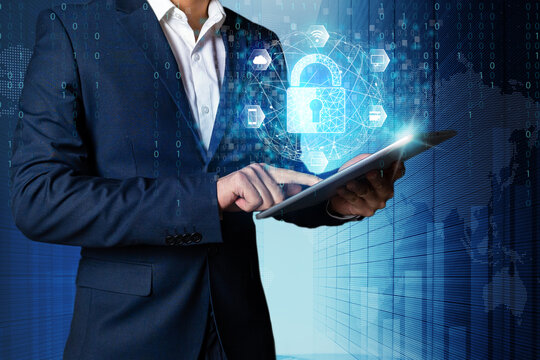 Big data security network protection lock concept, Business holding ipad network globe links safe your data with artificial intelligence ai.