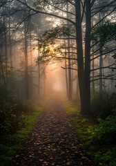 Fototapeta premium Misty Forest Path Sunlight Through the Trees