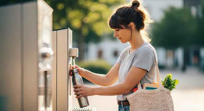 A conscientious woman responsibly refills her reusable water bottle at a modern public station, embracing sustainable urban living and healthy hydration practices.