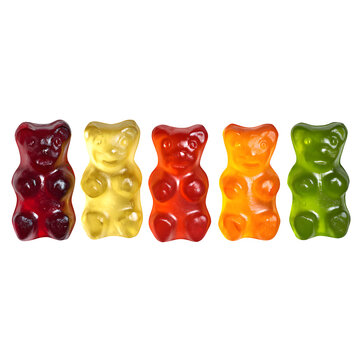 A variety of colorful gummy bears (Haribo), isolated on a white background, representing German culture and sweets. --v 7