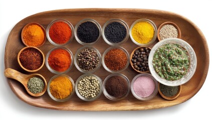 An oval wooden tray holds small glass bowls filled with various colorful spices and a small bowl of vibrant green chutney.  A wooden spoon rests beside it