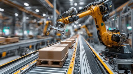 Industrial robots on a conveyor belt handling cardboard boxes.