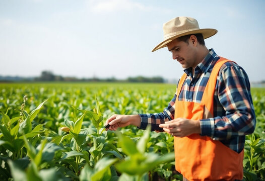 Campo de plantação com um fazendeiro olhando as plantas.