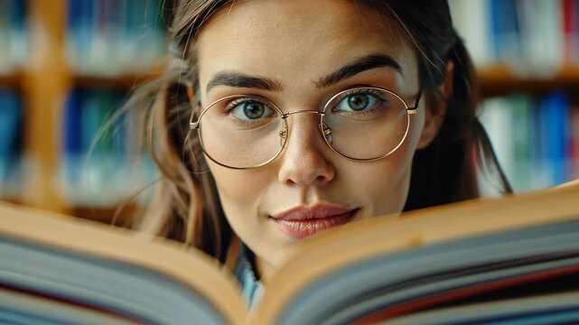 Woman in Glasses with a Book: A studious young woman with stylish glasses peers over a large book, her gaze direct and intelligent, amidst a backdrop of stacked books in a library setting.