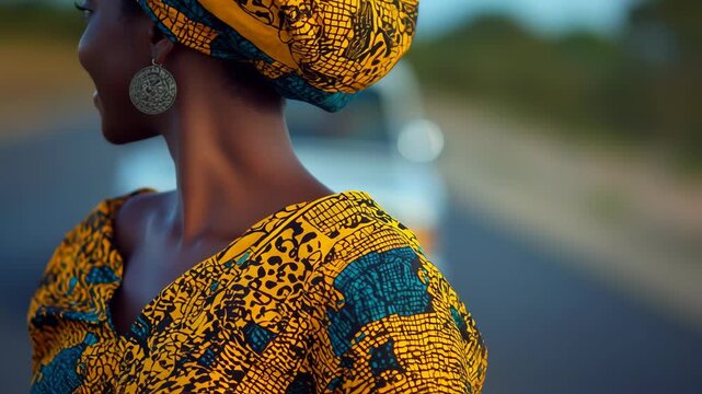 Serene Profile of a Young Woman with Colorful Headwrap and Dress