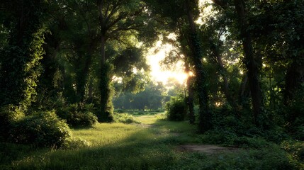 Obraz premium Sunlight filtering through a lush forest path.