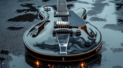 Black Electric Guitar in Puddle