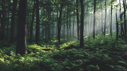 Obraz premium Sunlight streams through a lush forest floor.