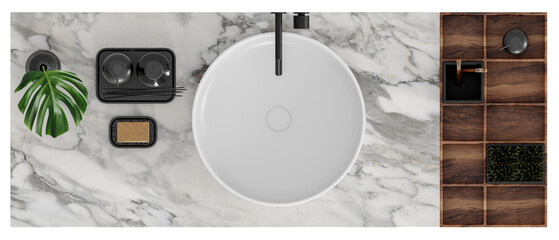 Top view of vanity unit with white marble top and decoration set