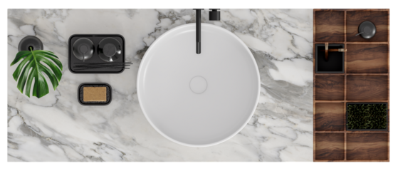 Top view of vanity unit with white marble top and decoration set