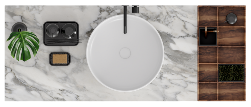 Top view of vanity unit with white marble top and decoration set