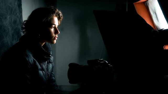 Studio photographer arranges lighting modifiers and checks the subjects positioning through the viewfinder preparing for a highquality closeup portrait capture.