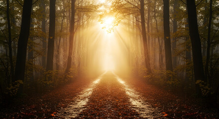 Fototapeta premium A radiant light illuminating a path through an enchanting autumn forest.
