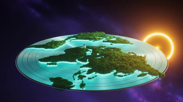 World Map Growing on Record Player Against Cosmic Background