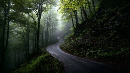 Fototapeta premium Winding road through a misty forest.