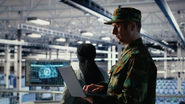 Military soldier and engineer in server room use AI tools to manage computer systems. Army commander and female programmer review information using artificial intelligence in server farm, camera B