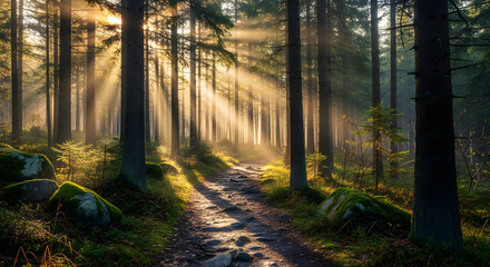 Obraz premium Sunbeams illuminating a forest path