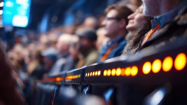 Sharp medium shot on a smart ticket lanyard emitting bright seat row indicators enhancing crowd flow control with an artfully blurred audience in the backdrop.