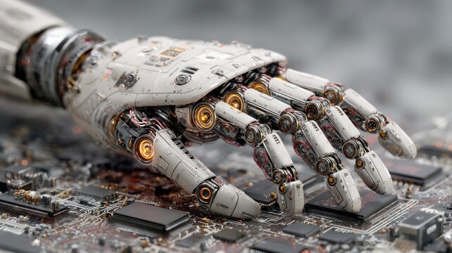 Realistic Robotic Hand Resting on a Circuit Board, Illustrating Technology