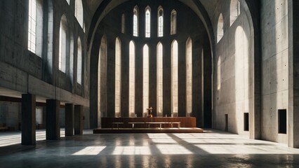 Obraz premium Dramatic brutalist interior with soaring concrete arches, large windows casting strong light and shadows on a polished floor