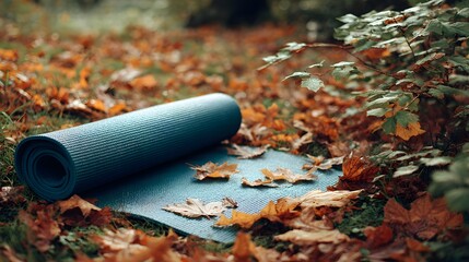 Obraz premium Rolled up yoga mat on fallen leaves.