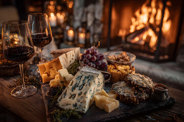 delicious cheese and wine at the fireplace