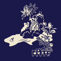 Japanese Garden and flowers navy blue and white