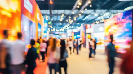 Blurry Expo Dynamics: A vibrant blur captures the lively energy of an exhibition or trade show, showcasing a bustling crowd of attendees exploring stalls and displays.