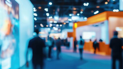 Fototapeta premium Business Event in Blur: A sea of attendees navigates a convention floor, where vibrant displays and exhibits create an environment of business interaction and professional networking.