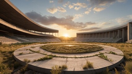 Colossal concrete brutalist stadium with an exposed structural frame, overgrown field, and a dramatic sunset sky