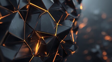 Close-up view of a multifaceted, dark surface with glowing lines.