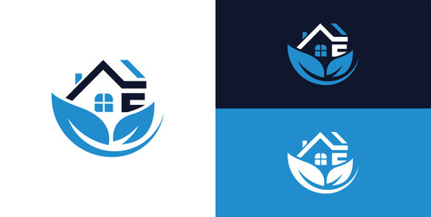 Greenhouse logo letter E, home care, simple linear house logo concept with leaves