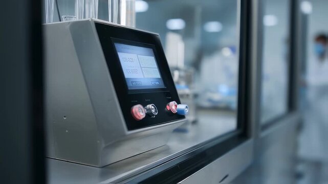Medium shot emphasizing technicians hand adjusting biometric monitor settings inside a microdosing booth ketamine delivery apparatus and clinical surroundings gently blurred.