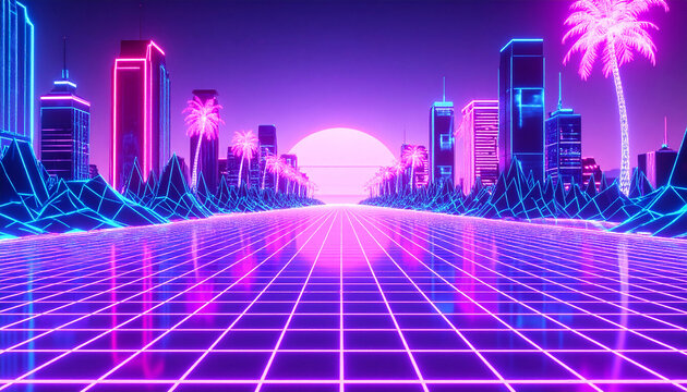 Retro 80s style with neon city backgrounds. - Powered by Adobe
