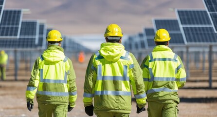Three engineers wearing yellow safety helmets and green reflective jackets are walking towards solar panels in the field Generative AI