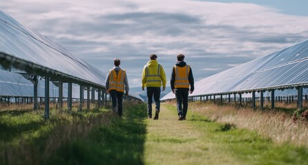 Three workers in high-visibility vests working on photovoltaic panels, walking towards the camera, with a grassy field and a solar panel array behind them Generative AI