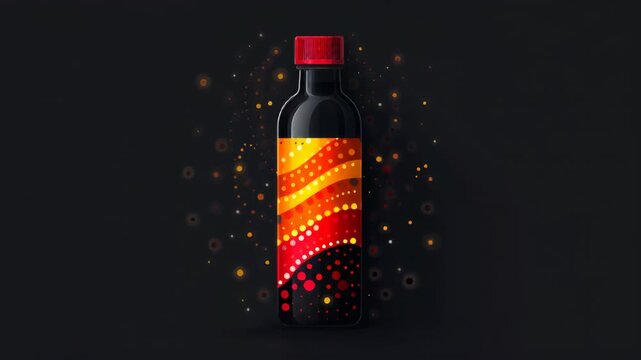 A dark glass bottle with a vibrant red, orange, and yellow dotted pattern label on a black background