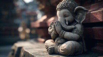 Fototapeta premium Stone Ganesha statue in a meditative pose, adorned with intricate details outdoor