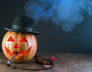 Jack O Lantern Wearing Black Derby Smoking a Cigar AI